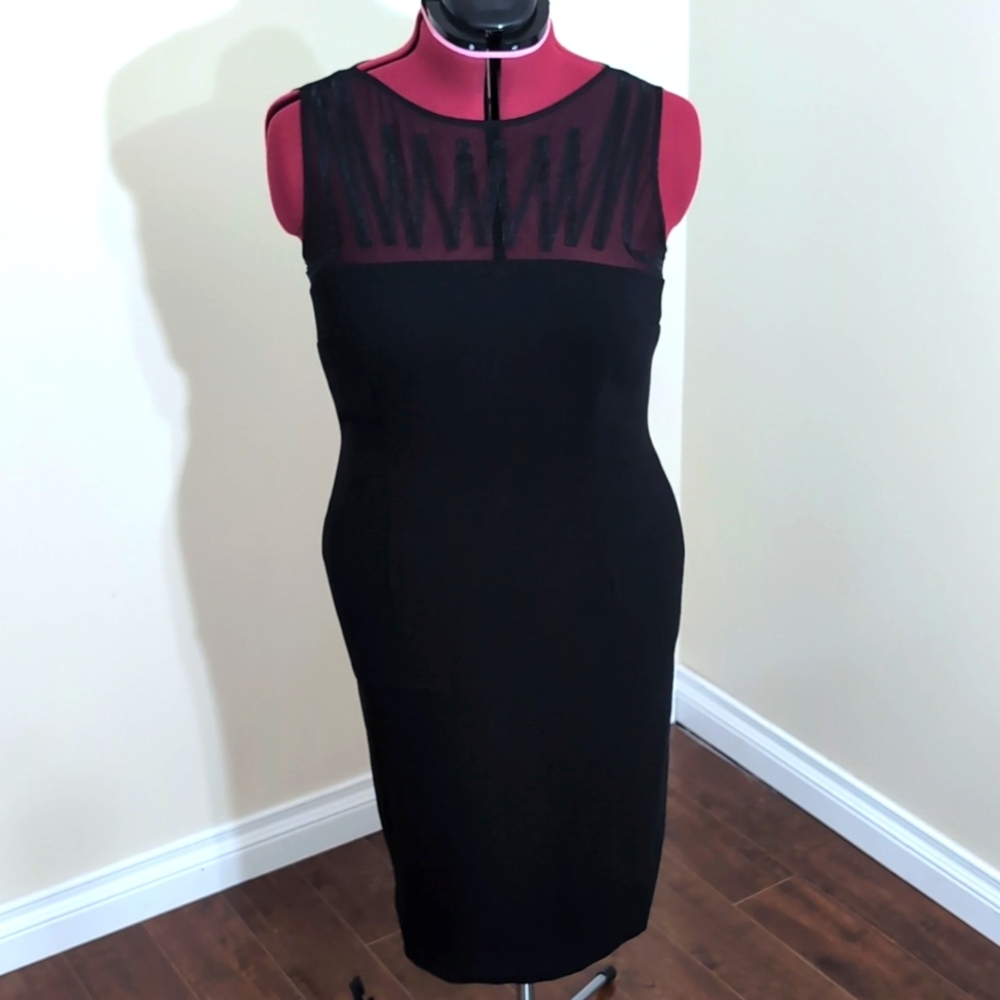 Anne Klein| Black Formal Dress with Mesh Top Silver Back Zipper and Small Slit - Picture 1 of 17